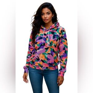 Isabella Active Elastic Waist Colorful Abstract Hoodie Activewear Casual Size L